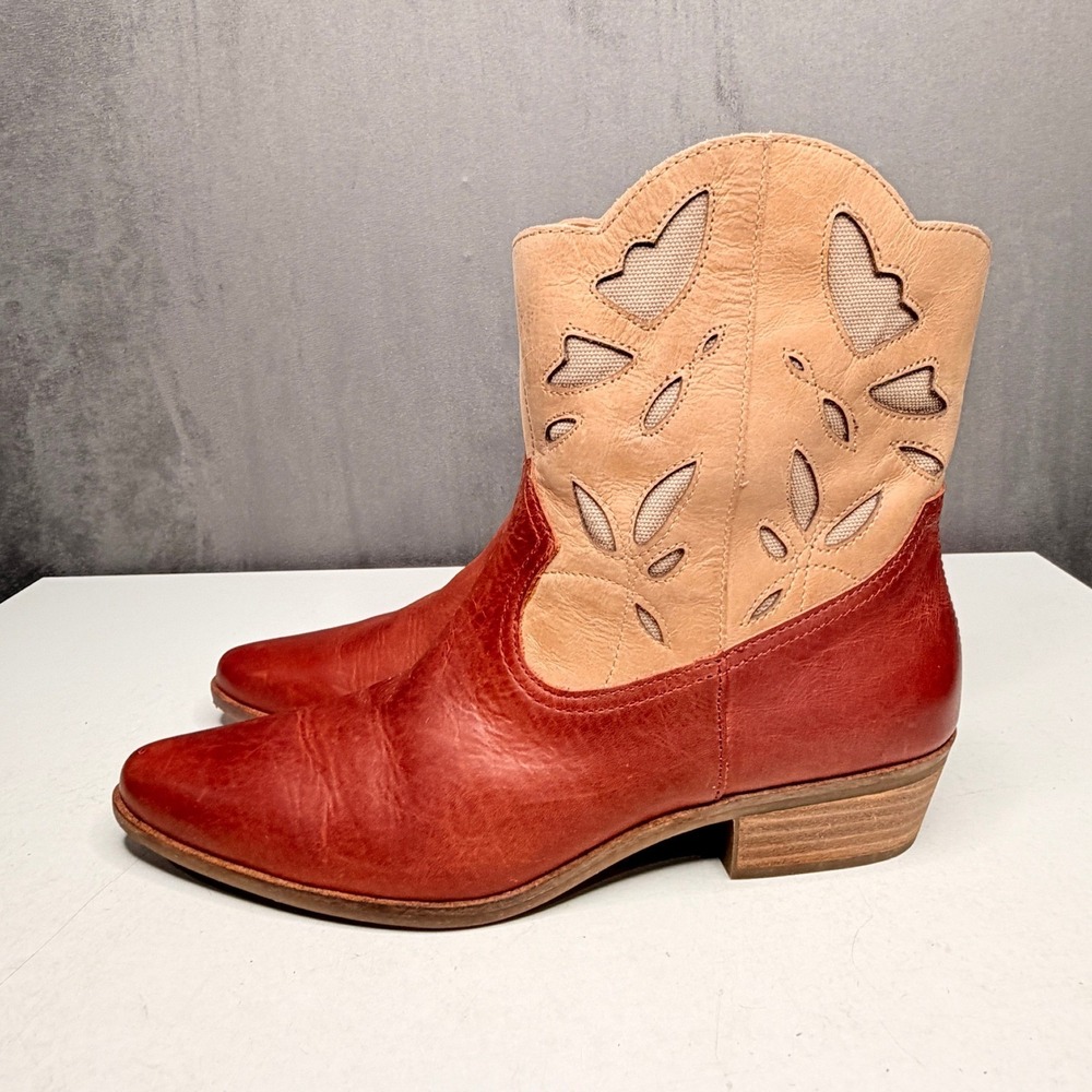 Lucky Brand Herzie Boots Womens 11 Red Tan Leather Cutout Western Ankle Boot New - Picture 2 of 10